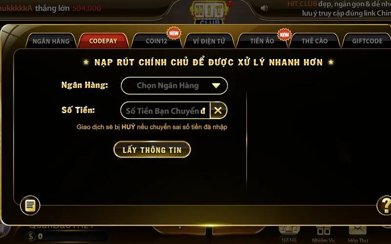 Hình thức nạp tiền được hỗ trợ tại Hitclub